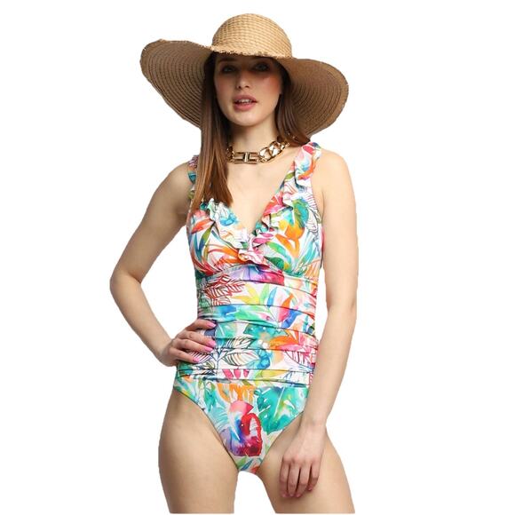 LAUREN Ralph Lauren Ruffle Surplice One-Piece SZ 16 Tropical Caribbean - Picture 1 of 7